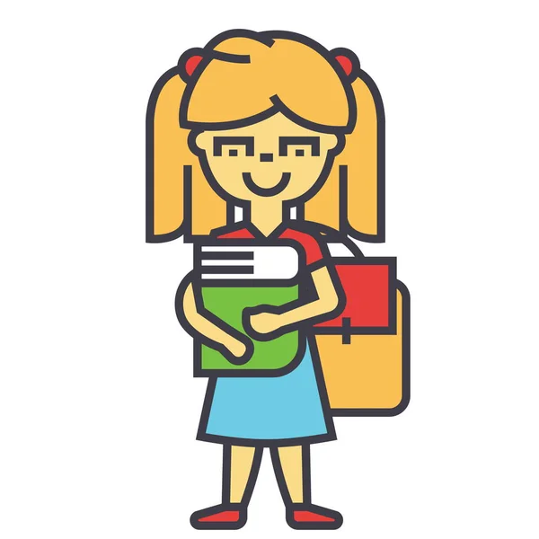 Девочка в начальной или начальной школе с книгой и рюкзаком, студентка, концепция обучения. Значок вектора строки. Редактируемый удар. Плоская линейная иллюстрация на белом фоне — стоковый вектор