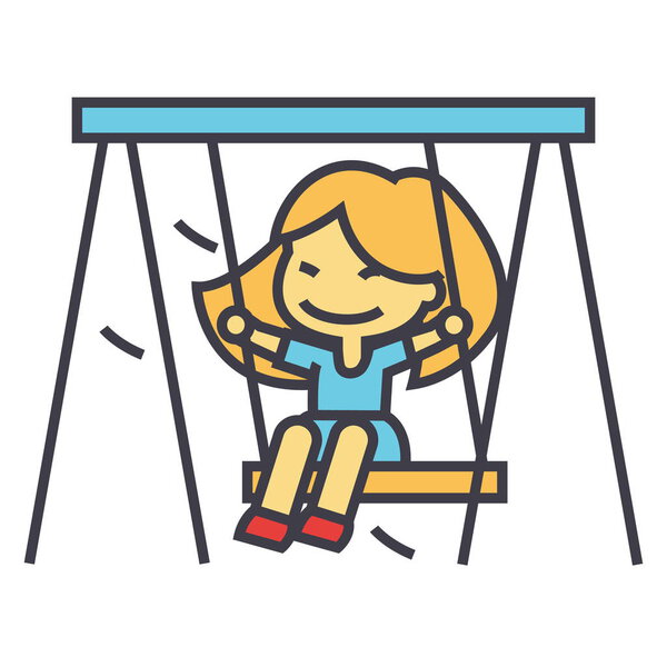 Little girl on swing in kindergarten concept. Line vector icon. Editable stroke. Flat linear illustration isolated on white background