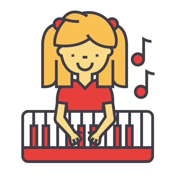 Lycklig liten flicka spela på piano, pianist koncept. Vector ikon. Redigerbara stroke. Platt linjär illustration isolerade på vit bakgrund — Stock vektor