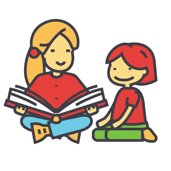 Учительница детского сада, женщина, читающая книгу ребенку. Значок вектора строки. Редактируемый удар. Плоская линейная иллюстрация на белом фоне — стоковый вектор