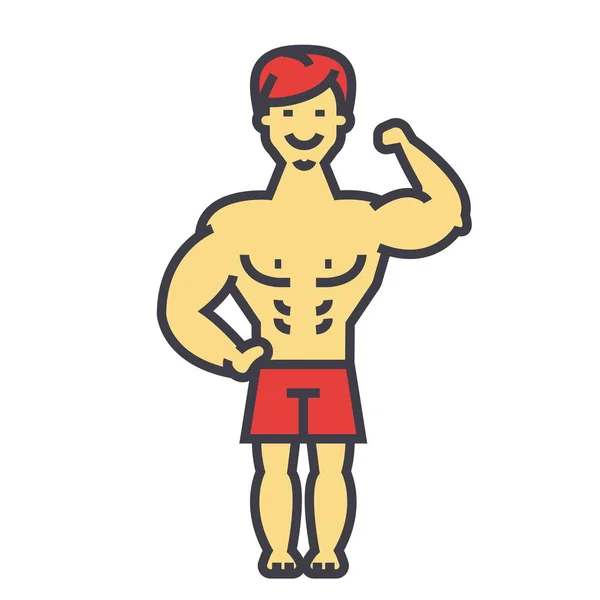 Uomo forte, bodybuilder, concetto di muscoli. Icona vettoriale linea. Ictus modificabile. Illustrazione lineare piatta isolata su sfondo bianco — Vettoriale Stock