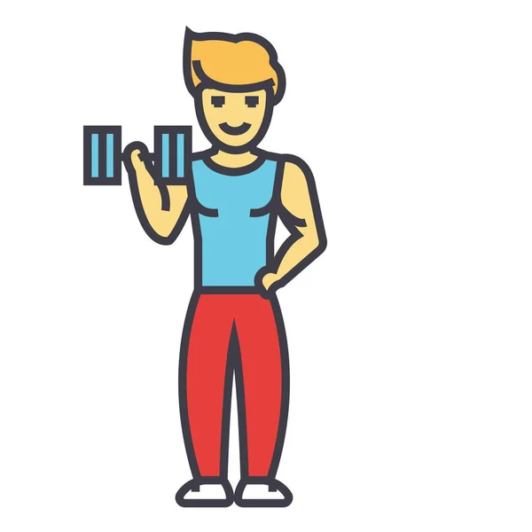 Strong man doing exercises with weights in gym concept. Line vector icon. Editable stroke. Flat linear illustration isolated on white background — Stock Vector