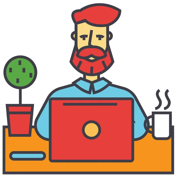 Человек с бородой работает на ноутбуке компьютер, бизнесмен, зарабатывать деньги в Интернете, образование, внештатный концепт. Значок вектора строки. Редактируемый удар. Плоская линейная иллюстрация на белом фоне — стоковый вектор