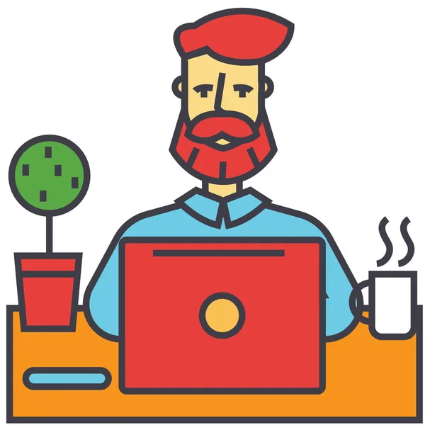 Hombre con barba trabajando en la computadora portátil, hombre de negocios, ganar dinero en línea, la educación, concepto independiente. Icono de vector de línea. Un derrame cerebral. Ilustración lineal plana aislada sobre fondo blanco — Vector de stock