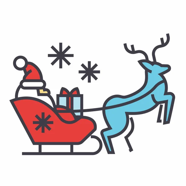 Santa Claus en un trineo con un concepto de ciervo. Icono de vector de línea. Un derrame cerebral. Ilustración lineal plana aislada sobre fondo blanco — Vector de stock