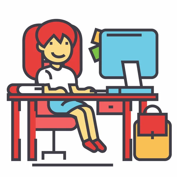 Menina da escola, local de trabalho de estudo, mesa com computador, livro e conceito mochila. Ícone de vetor de linha. AVC editável. Ilustração linear plana isolada sobre fundo branco —  Vetores de Stock