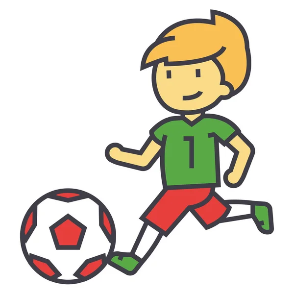 Fútbol, niño jugando concepto de fútbol. Icono de vector de línea. Un derrame cerebral. Ilustración lineal plana aislada sobre fondo blanco — Vector de stock