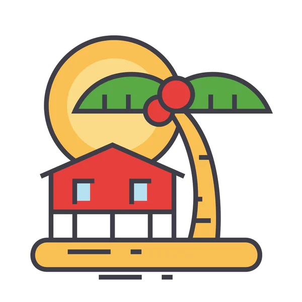 Summer travel, beach, home in palmes, sunset, tropical vacation, bungalow concept. Line vector icon. Editable stroke. Flat linear illustration isolated on white background — Stock Vector