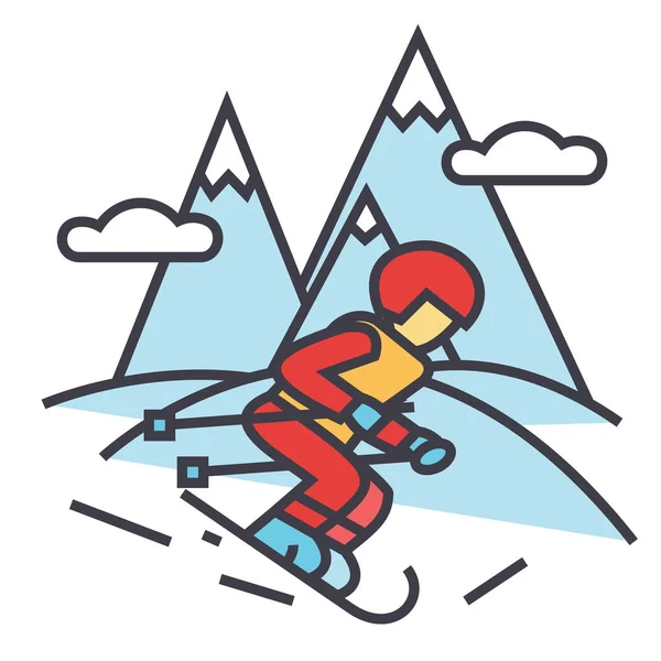 Χειμώνας ταξίδια, σκι στα ψηλά βουνά έννοια σκιέρ. Γραμμή εικονίδιο του φορέα. Επεξεργάσιμη εγκεφαλικό επεισόδιο. Επίπεδη γραμμική απεικόνιση που απομονώνονται σε λευκό φόντο — Διανυσματικό Αρχείο