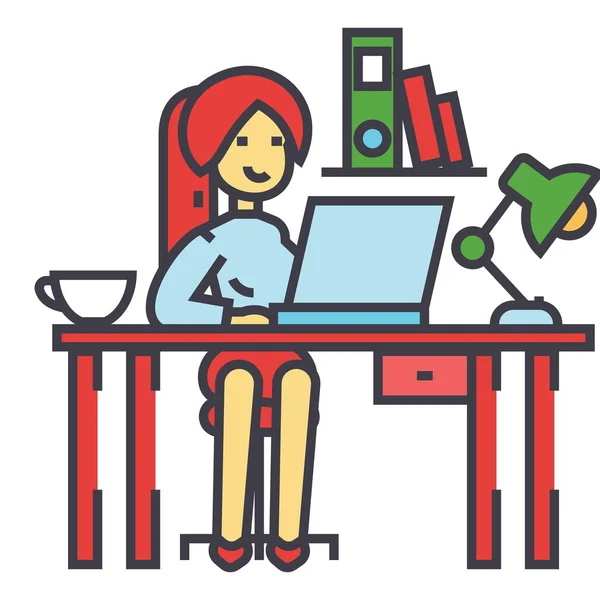女性は、オフィスのテーブル、オフィス インテリア、フリーランサーの概念に取り組んでいます。行ベクトルのアイコン。編集可能なストローク。白い背景に分離された平面線形図 — ストックベクタ