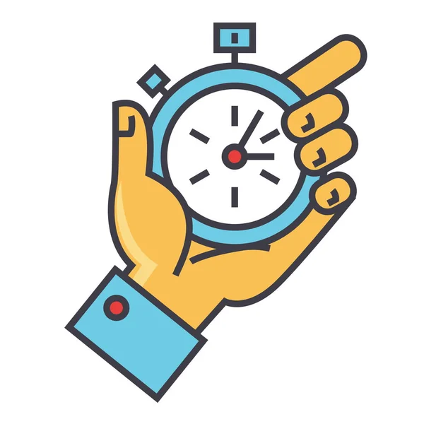 Het beheer van de tijd, hand met timer, stopwatch concept. Lijn vector pictogram. Bewerkbare beroerte. Vlakke lineaire afbeelding geïsoleerd op witte achtergrond — Stockvector