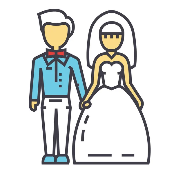 Boda pareja, novia y novio, matrimonio, concepto de recién casados. Icono de vector de línea. Un derrame cerebral. Ilustración lineal plana aislada sobre fondo blanco — Vector de stock