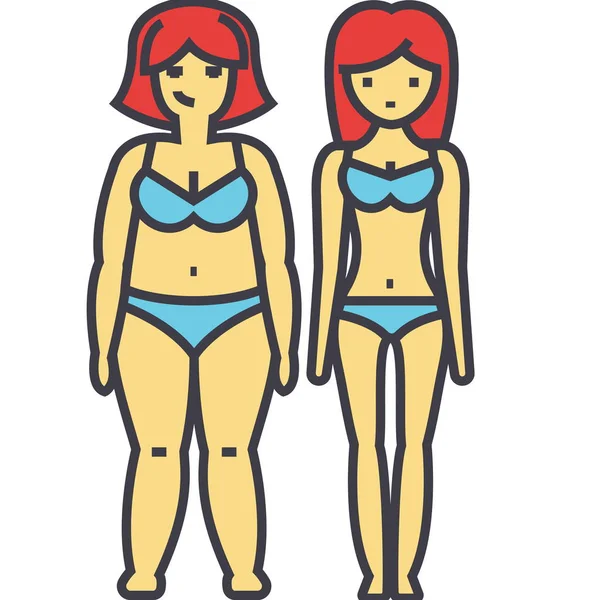 Mujer gorda y delgada, antes y después de la dieta o la aptitud, concepto de desintoxicación femenina. Icono de vector de línea. Un derrame cerebral. Ilustración lineal plana aislada sobre fondo blanco — Vector de stock