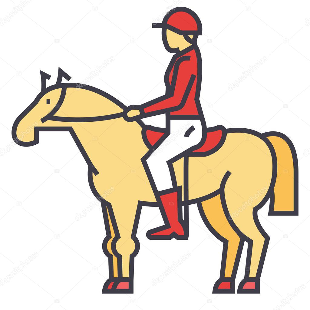 Racing horse, rider, horseman, jockey, race concept. Line vector icon. Editable stroke. Flat linear illustration isolated on white background