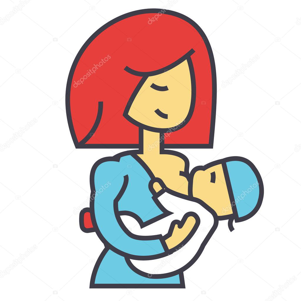 Mother breastfeeding baby, lactation, feeding child concept. Line vector icon. Editable stroke. Flat linear illustration isolated on white background