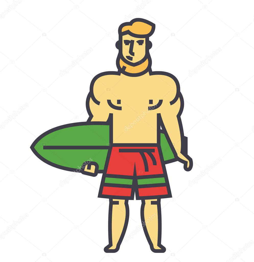 Strong bearded man with surfing board, surfer concept. Line vector icon. Editable stroke. Flat linear illustration isolated on white background