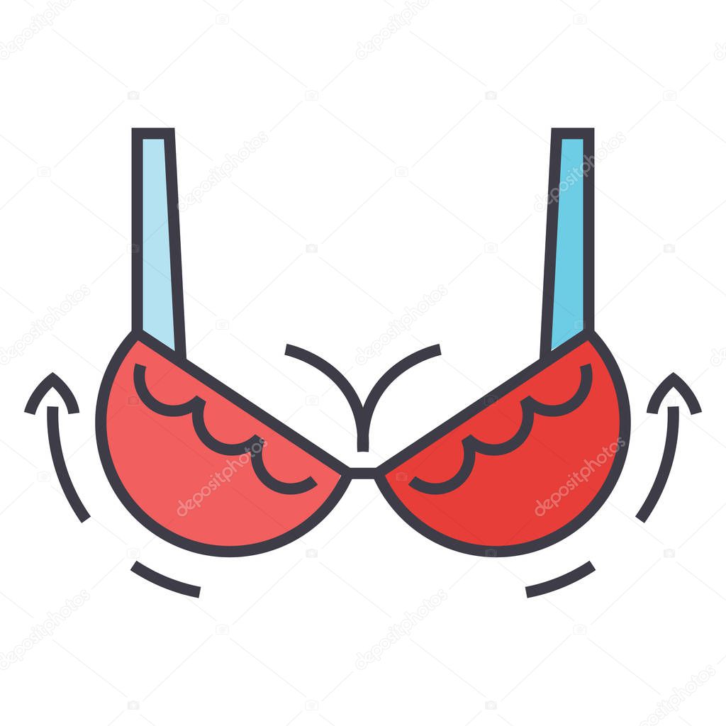 Woman bra, breast augmentation concept. Line vector icon. Editable stroke. Flat linear illustration isolated on white background