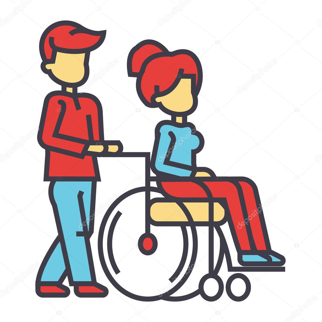 Young man strolling with young woman in wheelchair, nursing care for disabled people concept. Line vector icon. Editable stroke. Flat linear illustration isolated on white background