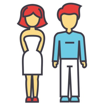 Genç çift, erkek ve kadın aşk, ilişki kavramı. Satırı vektör simgesi. Düzenlenebilir inme. Düz doğrusal illüstrasyon izole beyaz arka plan üzerinde