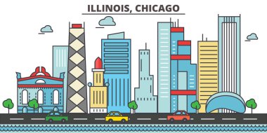 Chicago şehir manzarası: mimari, binalar, sokaklar, siluet, peyzaj, panorama, yerler. Düzenlenebilir vuruş. Düz çizgi vektör çizim tasarım. Beyaz arka plan üzerinde izole simgeler
