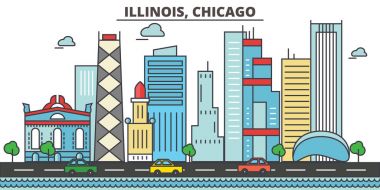 Chicago city skyline: architecture, buildings, streets, silhouette, landscape, panorama, landmarks. Editable strokes. Flat design line vector illustration concept. Isolated icons on white background clipart