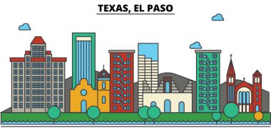 El Paso, Teksas. Şehir manzarası: mimari, binalar, sokaklar, siluet, peyzaj, panorama, yerler. Düzenlenebilir vuruş. Düz çizgi vektör çizim tasarım. Arka plan üzerinde izole simgeler