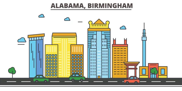 Alabama, Birmingham.Skyline de la ville : architecture, bâtiments, rues, silhouette, paysage, panorama, monuments. Coups modifiables. Conception plate ligne vectorielle illustration concept. Icônes isolées — Image vectorielle