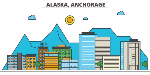 Alaska, Anchorage.City skyline: arquitectura, edificios, calles, silueta, paisaje, panorama, monumentos, iconos. Golpes editables. Diseño plano línea vector concepto de ilustración . — Vector de stock