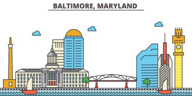 Baltimore, Maryland.City manzarası: mimari, binalar, sokaklar, siluet, peyzaj, panorama, yerler, simgeler. Düzenlenebilir vuruş. Düz çizgi vektör çizim tasarım.