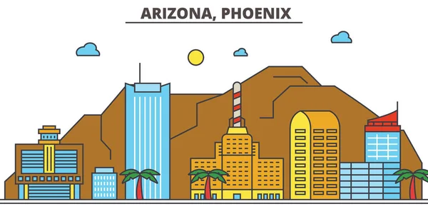 Arizona, phoenix.city Skyline: Architektur, Gebäude, Straßen, Silhouette, Landschaft, Panorama, Wahrzeichen, Ikonen. editierbare Striche. flache Designlinie Vektor Illustration Konzept. — Stockvektor