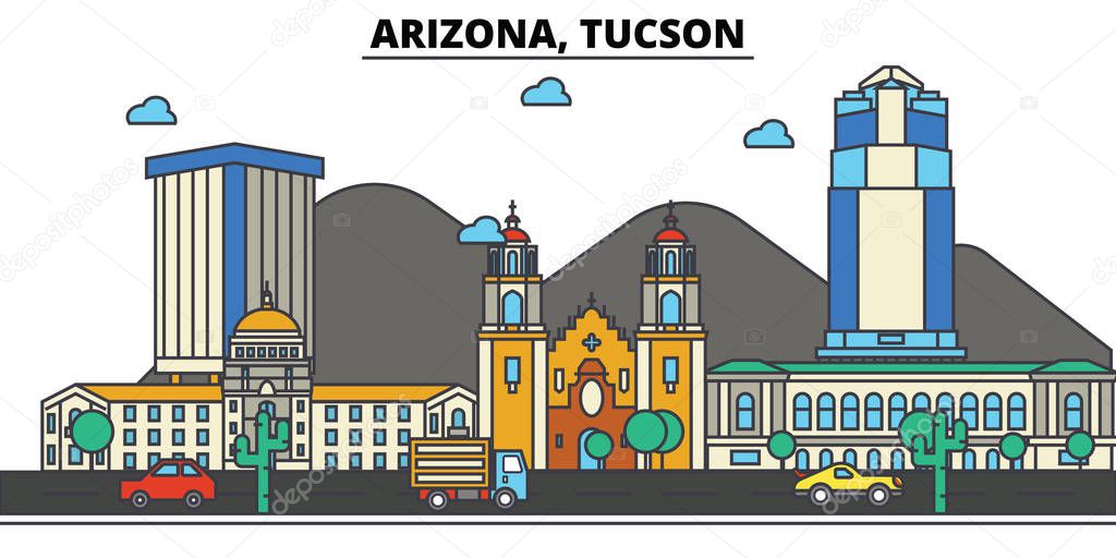 Arizona, Tucson.City skyline: architecture, buildings, streets, silhouette, landscape, panorama, landmarks, icons. Editable strokes. Flat design line vector illustration concept.