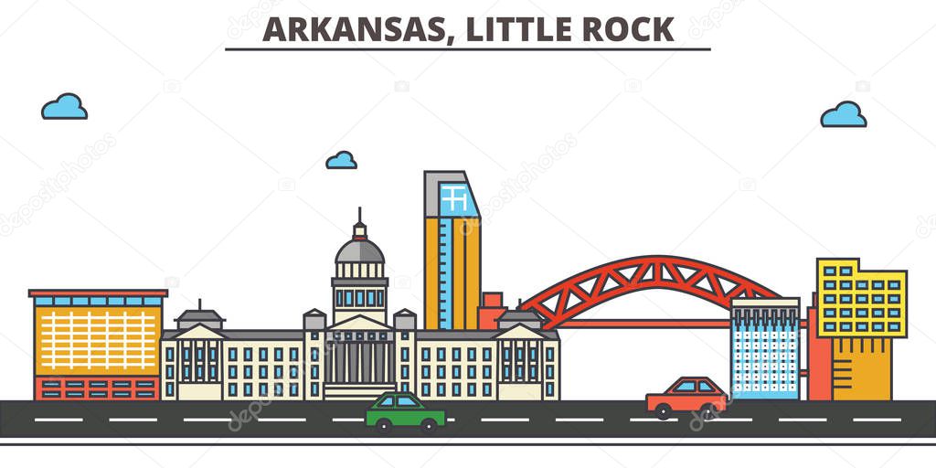 Arkansas, Little Rock.City skyline: architecture, buildings, streets, silhouette, landscape, panorama, landmarks, icons. Editable strokes. Flat design line vector illustration concept.