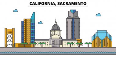 California, Sacramento.City manzarası: mimari, binalar, sokaklar, siluet, peyzaj, panorama, yerler, simgeler. Düzenlenebilir vuruş. Düz çizgi vektör çizim tasarım.