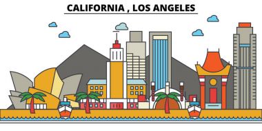 California, Los Angeles.City manzarası: mimari, binalar, sokaklar, siluet, peyzaj, panorama, yerler, simgeler. Düzenlenebilir vuruş. Düz çizgi vektör çizim tasarım.