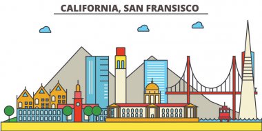 California, San Francisco.City manzarası: mimari, binalar, sokaklar, siluet, peyzaj, panorama, yerler, simgeler. Düzenlenebilir vuruş. Düz çizgi vektör çizim tasarım.