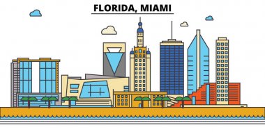 Florida, Miami.City manzarası: mimari, binalar, sokaklar, siluet, peyzaj, panorama, yerler, simgeler. Düzenlenebilir vuruş. Düz çizgi vektör çizim tasarım.