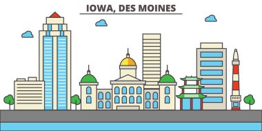 Iowa, Des Moines.City manzarası: mimari, binalar, sokaklar, siluet, peyzaj, panorama, yerler, simgeler. Düzenlenebilir vuruş. Düz çizgi vektör çizim tasarım.