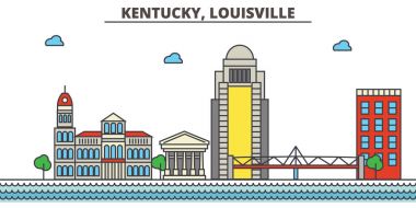 Kentucky, Louisville.City manzarası: mimari, binalar, sokaklar, siluet, peyzaj, panorama, yerler, simgeler. Düzenlenebilir vuruş. Düz çizgi vektör çizim tasarım.
