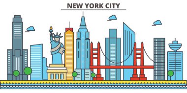New York, New York City.City manzarası: mimari, binalar, sokaklar, siluet, peyzaj, panorama, yerler, simgeler. Düzenlenebilir vuruş. Düz çizgi vektör çizim tasarım.