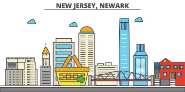 New Jersey, Newark.City manzarası: mimari, binalar, sokaklar, siluet, peyzaj, panorama, yerler, simgeler. Düzenlenebilir vuruş. Düz çizgi vektör çizim tasarım.