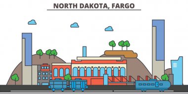 North Dakota, Fargo.City skyline: architecture, buildings, streets, silhouette, landscape, panorama, landmarks, icons. Editable strokes. Flat design line vector illustration concept. clipart