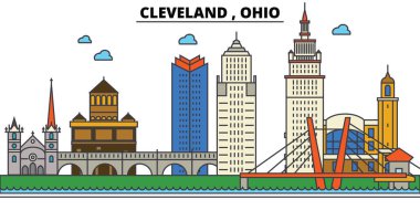 Ohio, Cleveland.City manzarası: mimari, binalar, sokaklar, siluet, peyzaj, panorama, yerler, simgeler. Düzenlenebilir vuruş. Düz çizgi vektör çizim tasarım.