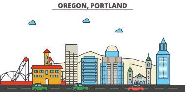 Oregon, Portland.City manzarası: mimari, binalar, sokaklar, siluet, peyzaj, panorama, yerler, simgeler. Düzenlenebilir vuruş. Düz çizgi vektör çizim tasarım.