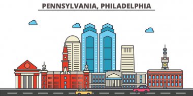 Pennsylvania, Philadelphia.City manzarası: mimari, binalar, sokaklar, siluet, peyzaj, panorama, yerler, simgeler. Düzenlenebilir vuruş. Düz çizgi vektör çizim tasarım.
