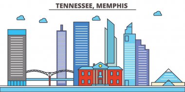 Tennessee, Memphis.City manzarası: mimari, binalar, sokaklar, siluet, peyzaj, panorama, yerler, simgeler. Düzenlenebilir vuruş. Düz çizgi vektör çizim tasarım.