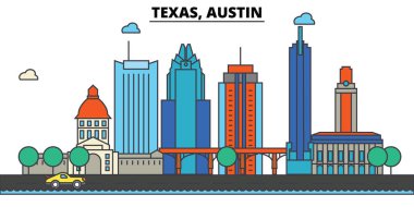 Teksas, Austin.City manzarası: mimari, binalar, sokaklar, siluet, peyzaj, panorama, yerler, simgeler. Düzenlenebilir vuruş. Düz çizgi vektör çizim tasarım.