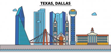 Teksas, Dallas.City manzarası: mimari, binalar, sokaklar, siluet, peyzaj, panorama, yerler, simgeler. Düzenlenebilir vuruş. Düz çizgi vektör çizim tasarım.