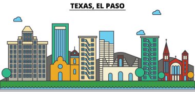 Teksas, El Paso.City manzarası: mimari, binalar, sokaklar, siluet, peyzaj, panorama, yerler, simgeler. Düzenlenebilir vuruş. Düz çizgi vektör çizim tasarım.