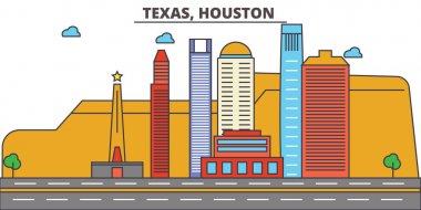 Teksas, Houston.City manzarası: mimari, binalar, sokaklar, siluet, peyzaj, panorama, yerler, simgeler. Düzenlenebilir vuruş. Düz çizgi vektör çizim tasarım.