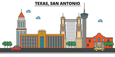 Texas, San Antonio.City manzarası: mimari, binalar, sokaklar, siluet, peyzaj, panorama, yerler, simgeler. Düzenlenebilir vuruş. Düz çizgi vektör çizim tasarım.